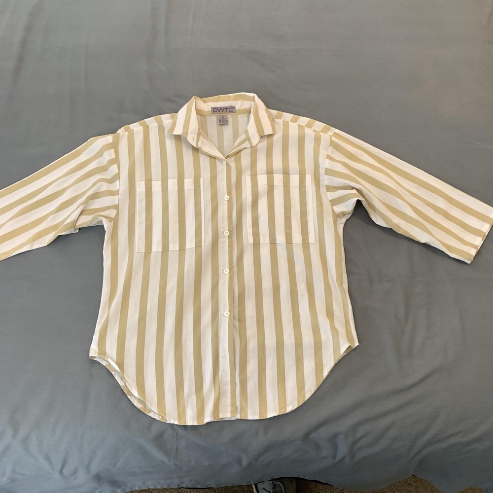 Vintage CWTC Shirt Woman's Medium Beige Stripe 3/4 Sleeve Button Front 80s 90s